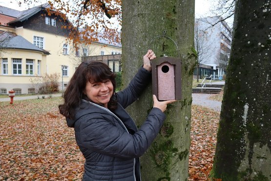 Jacqueline Peters hängt Nistkästen im Wald am Krankenhaus Martha-Maria München auf