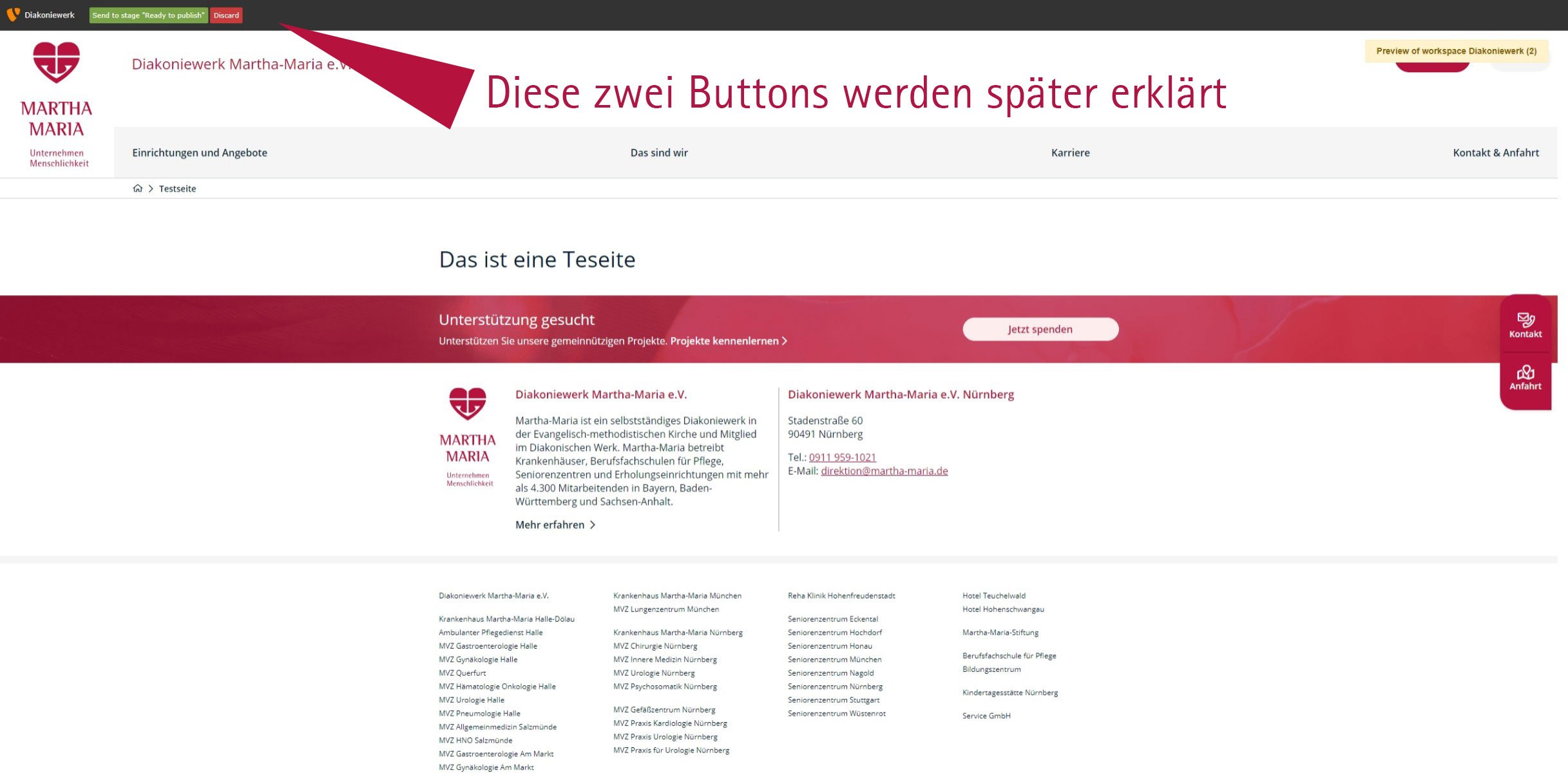 Webseite mit Vorschau-Buttons, symbolisiert Freigabeprozess im Workspace.