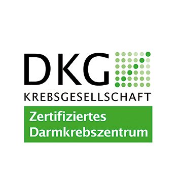 Logo der DKG, zertifiziertes Darmkrebszentrum, grüne und schwarze Schrift auf Weiß.