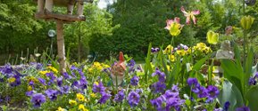 Seniorenzentrum Nürnberg: Bunter Blumengarten mit Vogelhäuschen und Gartenzwerg.