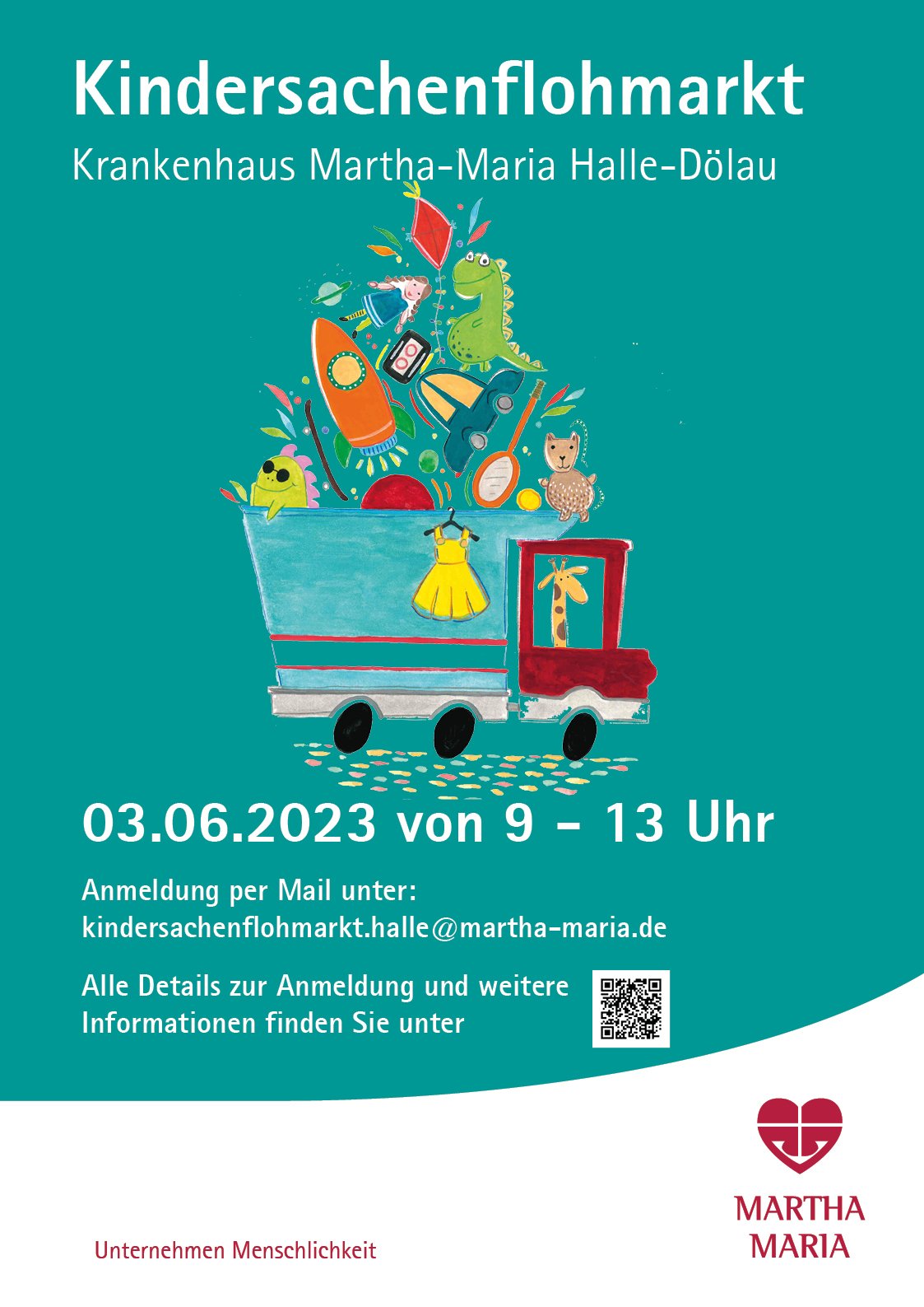 Bunte Illustration eines Spielzeug-LKWs mit Kindersachen, Tieren und Rakete.