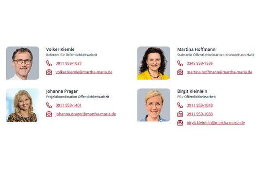 Vier Mitarbeiterporträts mit Kontaktdaten für Öffentlichkeitsarbeit.