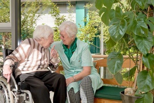 Pflegekraft spricht liebevoll mit älterer Frau im Rollstuhl, umgeben von Pflanzen.