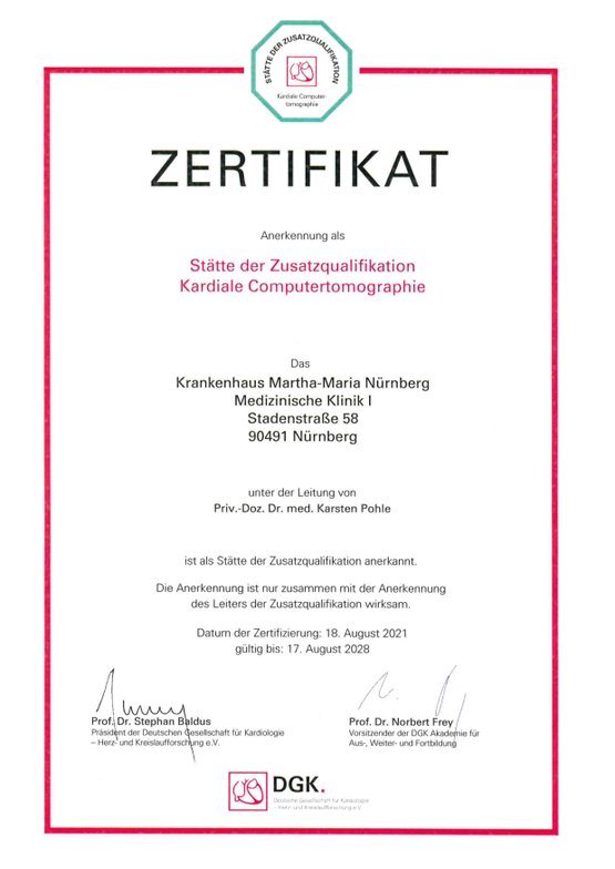 Zertifikat für kardiale Computertomographie der Klinik Martha-Maria Nürnberg.