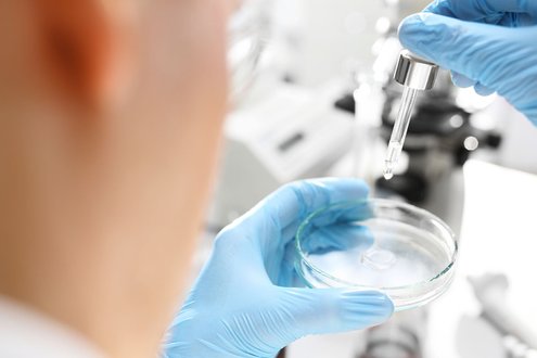 Laborant mit Pipette und Petrischale, symbolisiert Medizinproduktesicherheit.