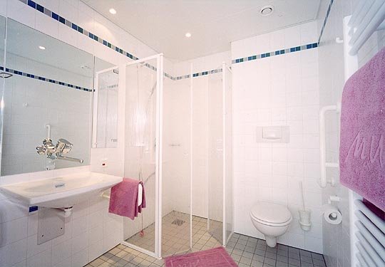 Modernes Krankenhaus-Badezimmer mit Dusche, Waschbecken und Toilette, dekoriert mit pinken Handtüchern.