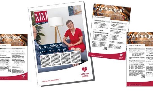 Eine Collage mehrerer Ausgaben der Martha-Maria-Zeitung.