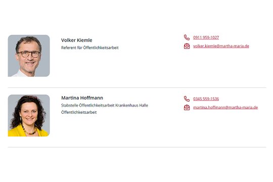 Zwei Porträts mit Kontaktdaten für Öffentlichkeitsarbeit, symbolisiert Teamarbeit.
