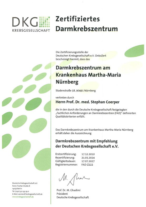 Zertifikat für Darmkrebszentrum am Krankenhaus Martha-Maria Nürnberg, ausgestellt von der Deutschen Krebsgesellschaft.