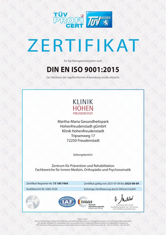 Zertifikat DIN EN ISO 9001:2015 der Klinik Hohenfreudenstadt, gültig bis 2023.