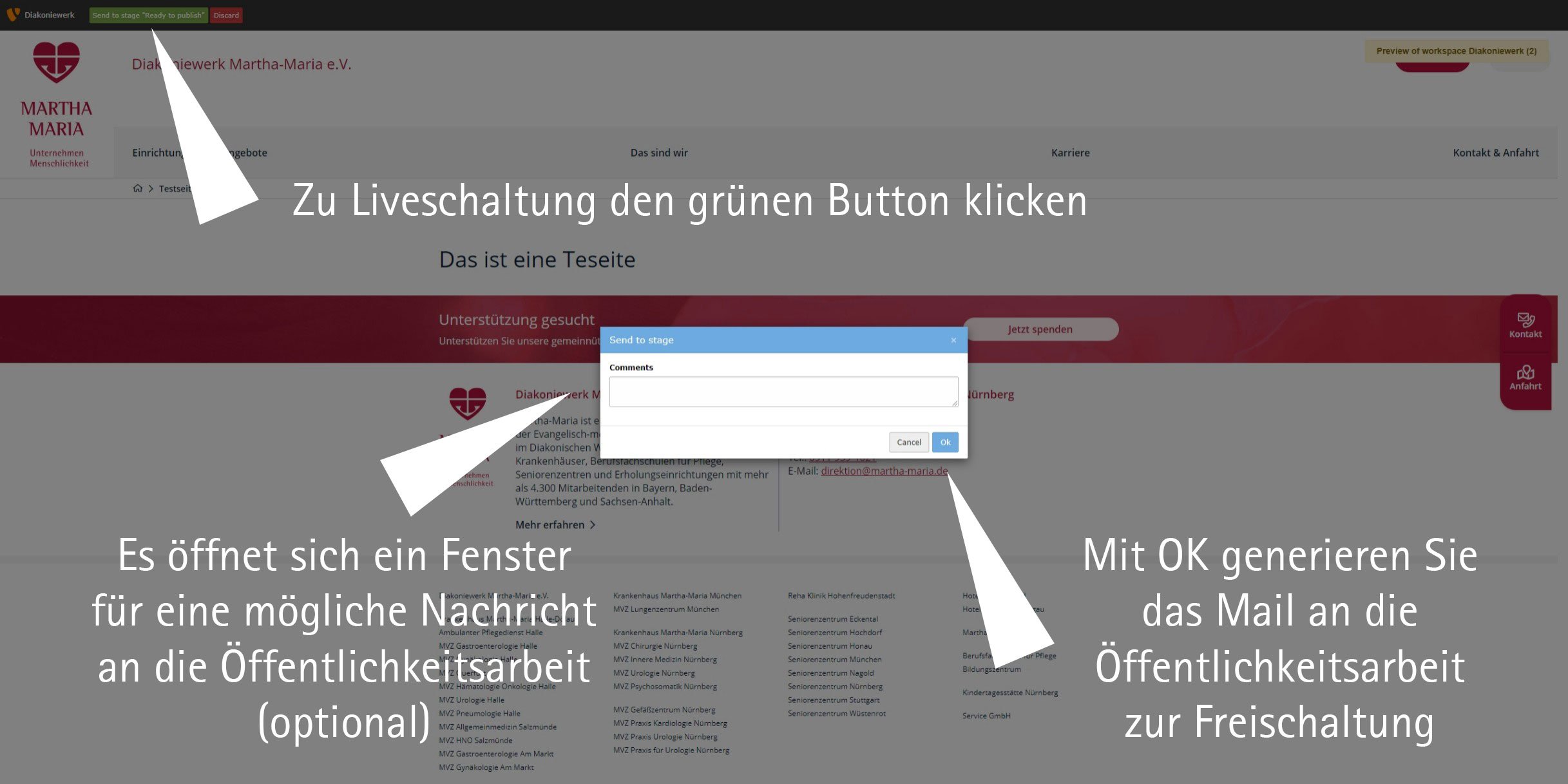 Webseite zeigt Anleitung zur Liveschaltung mit Kommentarfunktion.