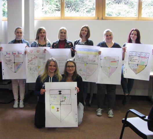 Pflegeschüler präsentieren selbstgestaltete Plakate in einem Klassenzimmer.