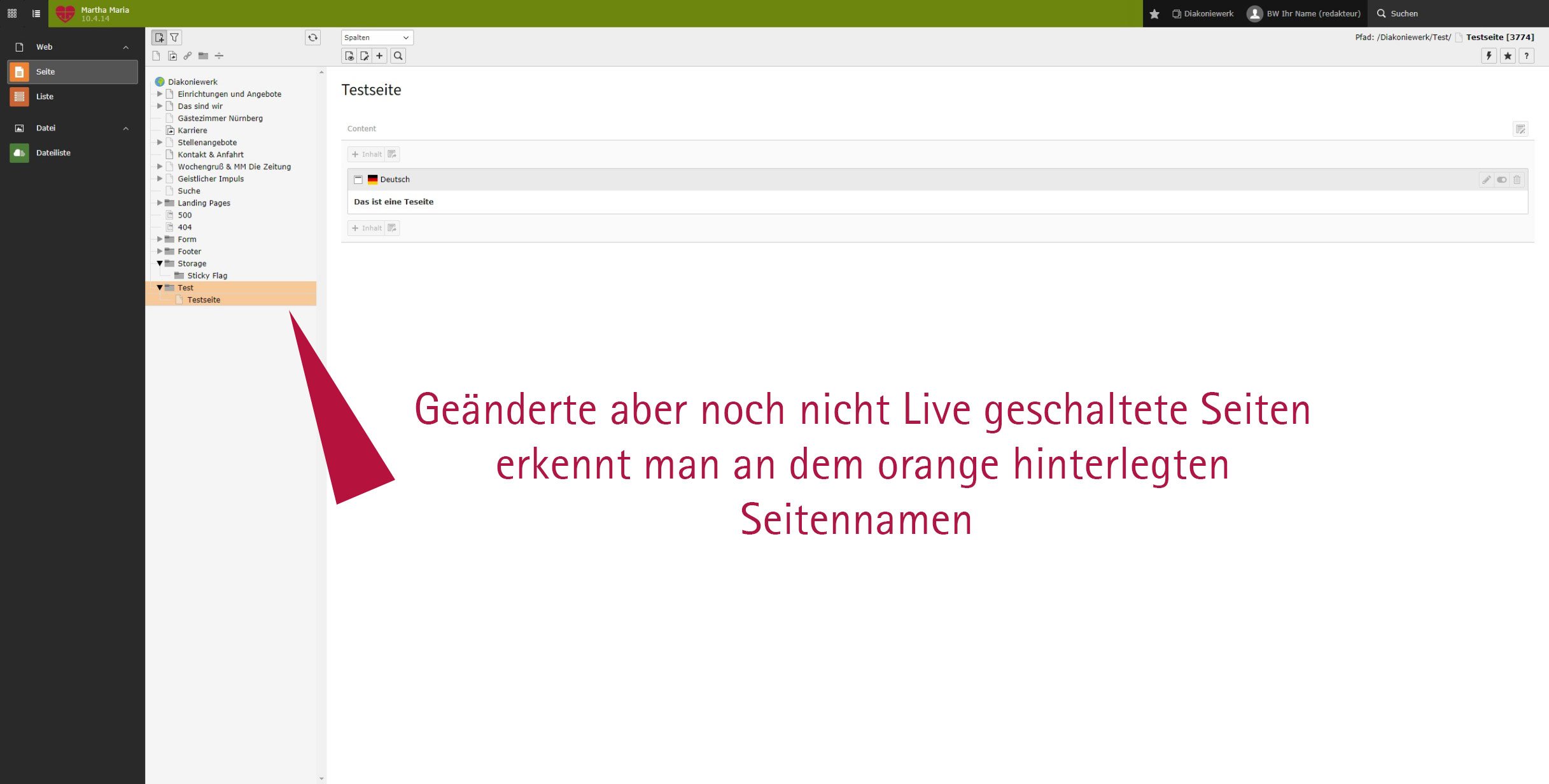 Typo3 Oberfläche mit orange markierten Seiten zur Unterscheidung von Live-Status.