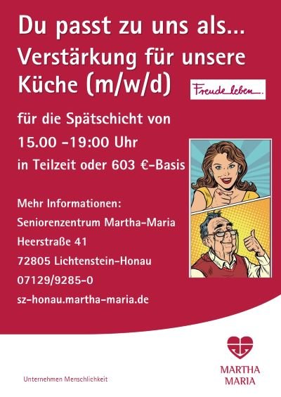 Stellenanzeige für Küchenhilfe im Seniorenzentrum Martha-Maria Lichtenstein-Honau.