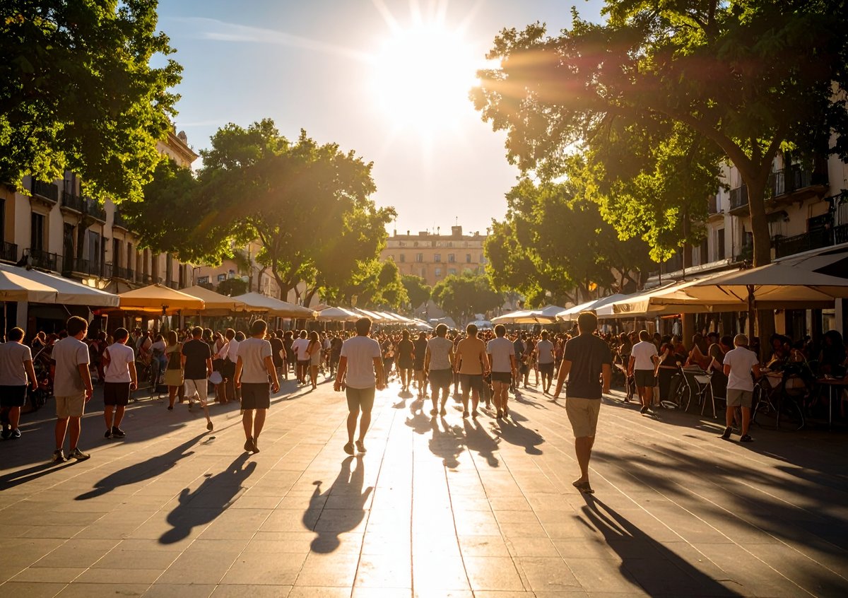 Menschenmenge auf sonniger Straße, Schatten durch Bäume, Hitzeprävention.