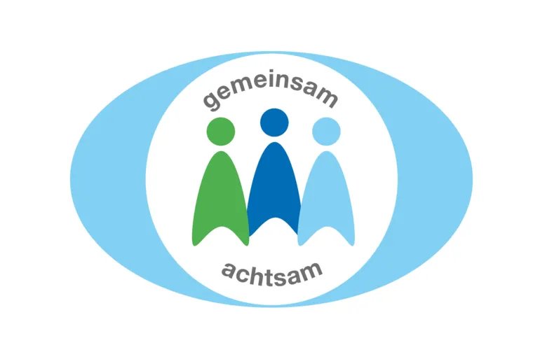 Grafik eines stilisierten Auges mit drei Figuren und dem Motto 'gemeinsam achtsam'.