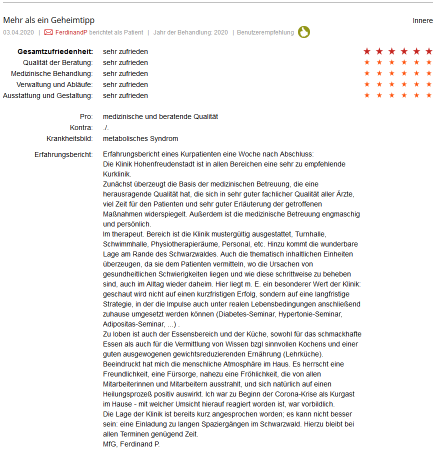 Klinikbewertungen.de Beispiel Patientenbericht April 2020