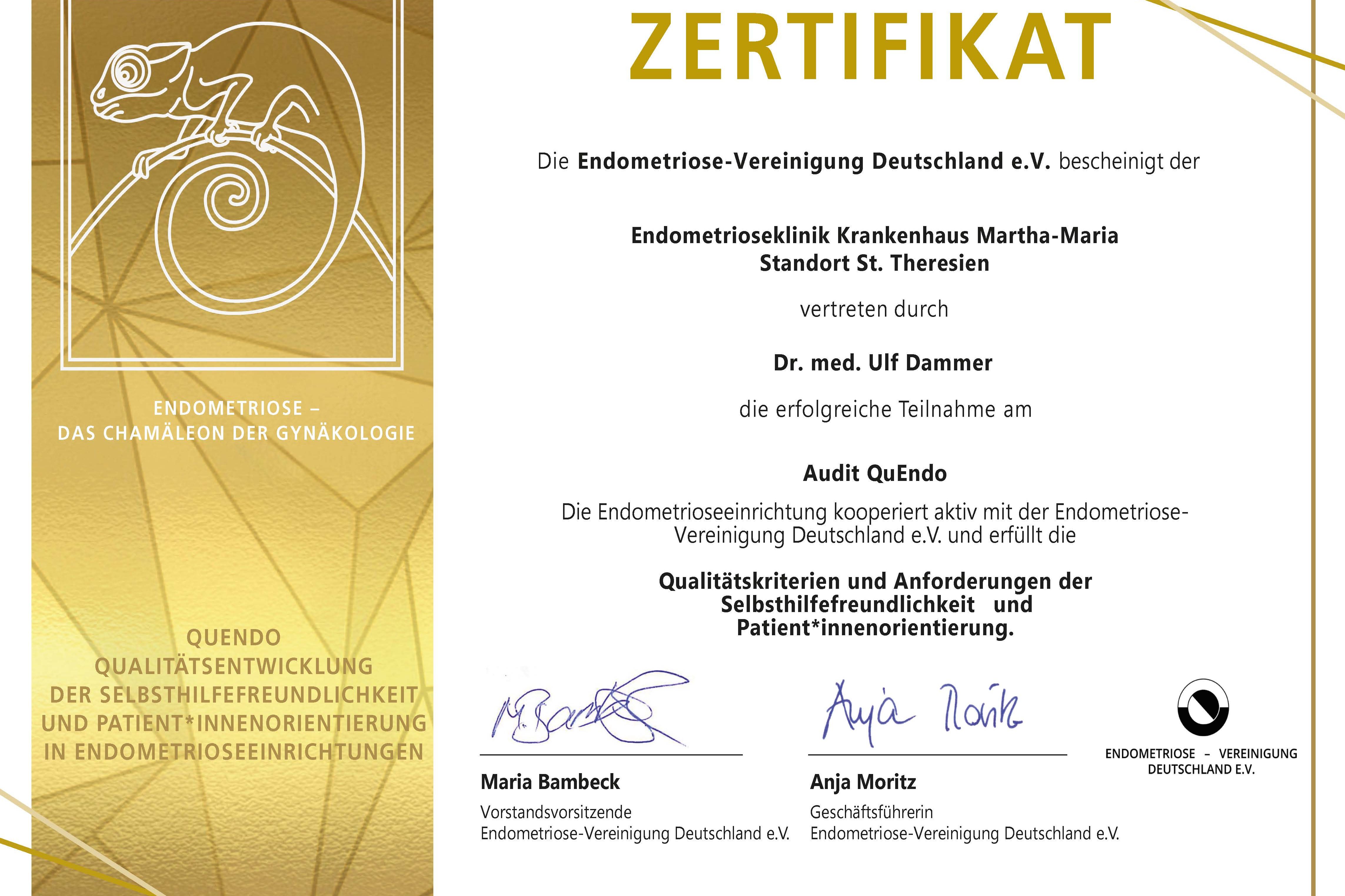 Audit-Bestätigung der Endometriose-Vereinigung Deutschland e.V. für die zertifizierte Endometrioseklinik am Krankenhaus Martha-Maria St. Theresien