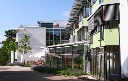 Modernes Gebäude mit grüner Fassade und Glasfront an einem sonnigen Tag.