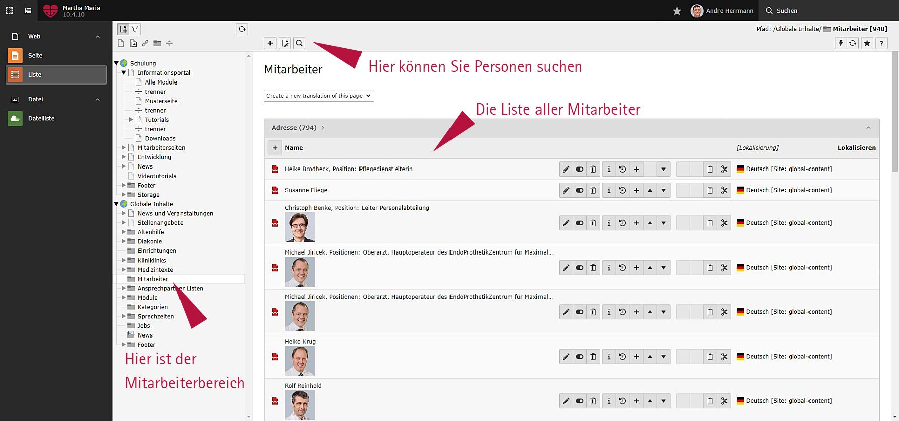 Screenshot der Mitarbeiterverwaltung mit Such- und Bearbeitungsfunktionen im Verwaltungsportal.
