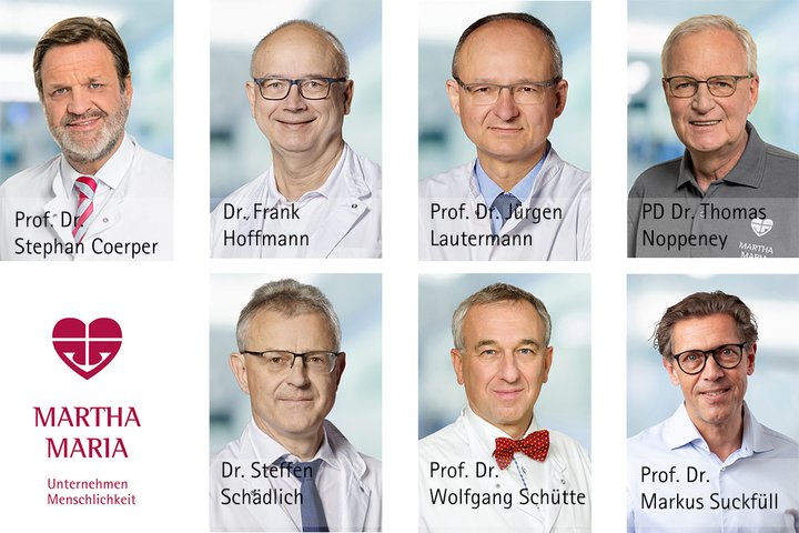 Porträtfotos von sieben Ärzten des Martha-Maria Krankenhauses.