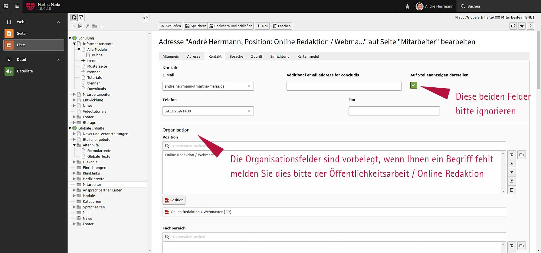 Bearbeitungsmaske für Mitarbeiterdaten mit Kontakt- und Organisationsfeldern im Verwaltungsportal.