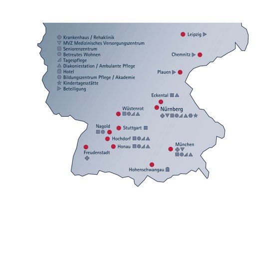 Standortkarte von Martha-Maria Einrichtungen in Süddeutschland und Umgebung.