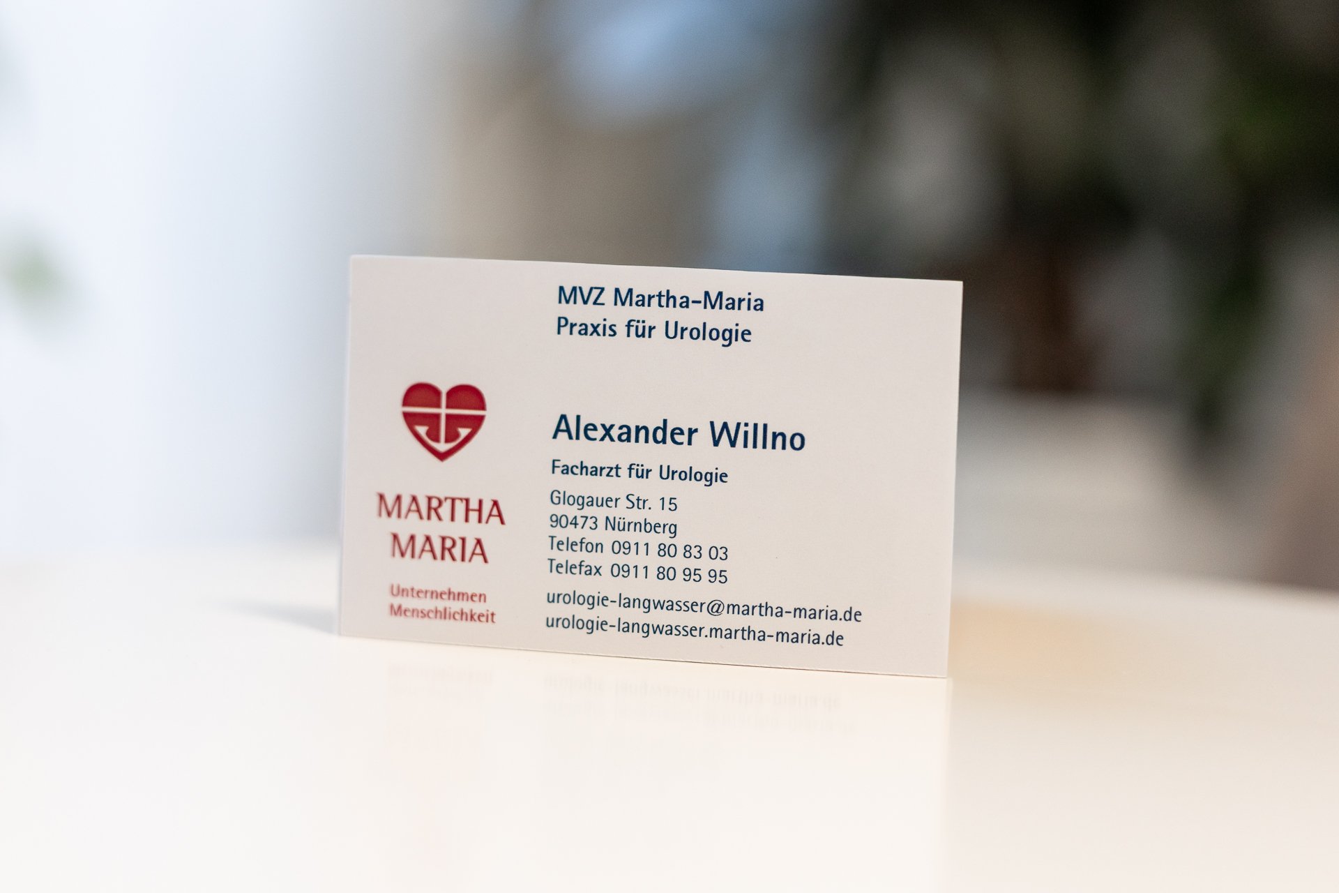 Die Visitenkarte von Alexander Willno, ärztliche Leitung des MVZ Martha-Maria Praxis für Urologie in Nürnberg-Langwasser