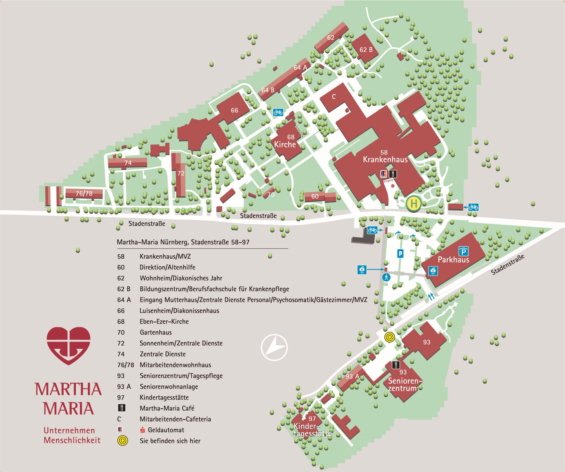 Detailierter Geländeplan des Martha-Maria Krankenhauses mit Gebäuden und Wegen.