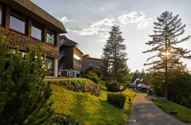 Klinik Hohenfreudenstadt im Grünen bei Sonnenuntergang, umgeben von Bäumen.