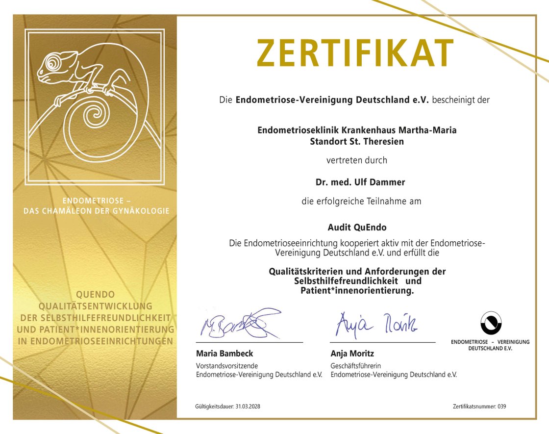 Audit-Bestätigung der Endometriose-Vereinigung Deutschland e.V. für die zertifizierte Endometrioseklinik am Krankenhaus Martha-Maria St. Theresien