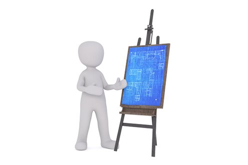 Grafikfigur präsentiert Bauplan auf Staffelei, symbolisiert Schulungsinhalte.