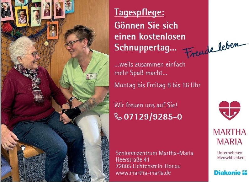Eine Stellenanzeige für die Tagespflege im Seniorenzentrum Martha-Maria Lichtenstein-Honau.