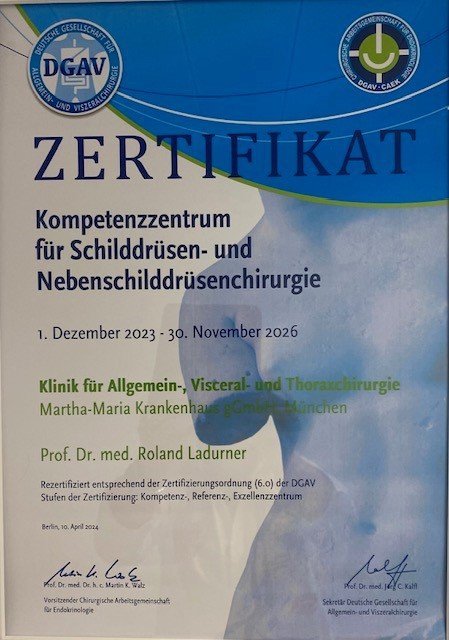 Zertifikat für Kompetenzzentrum Schilddrüsenchirurgie der Klinik Martha-Maria München.