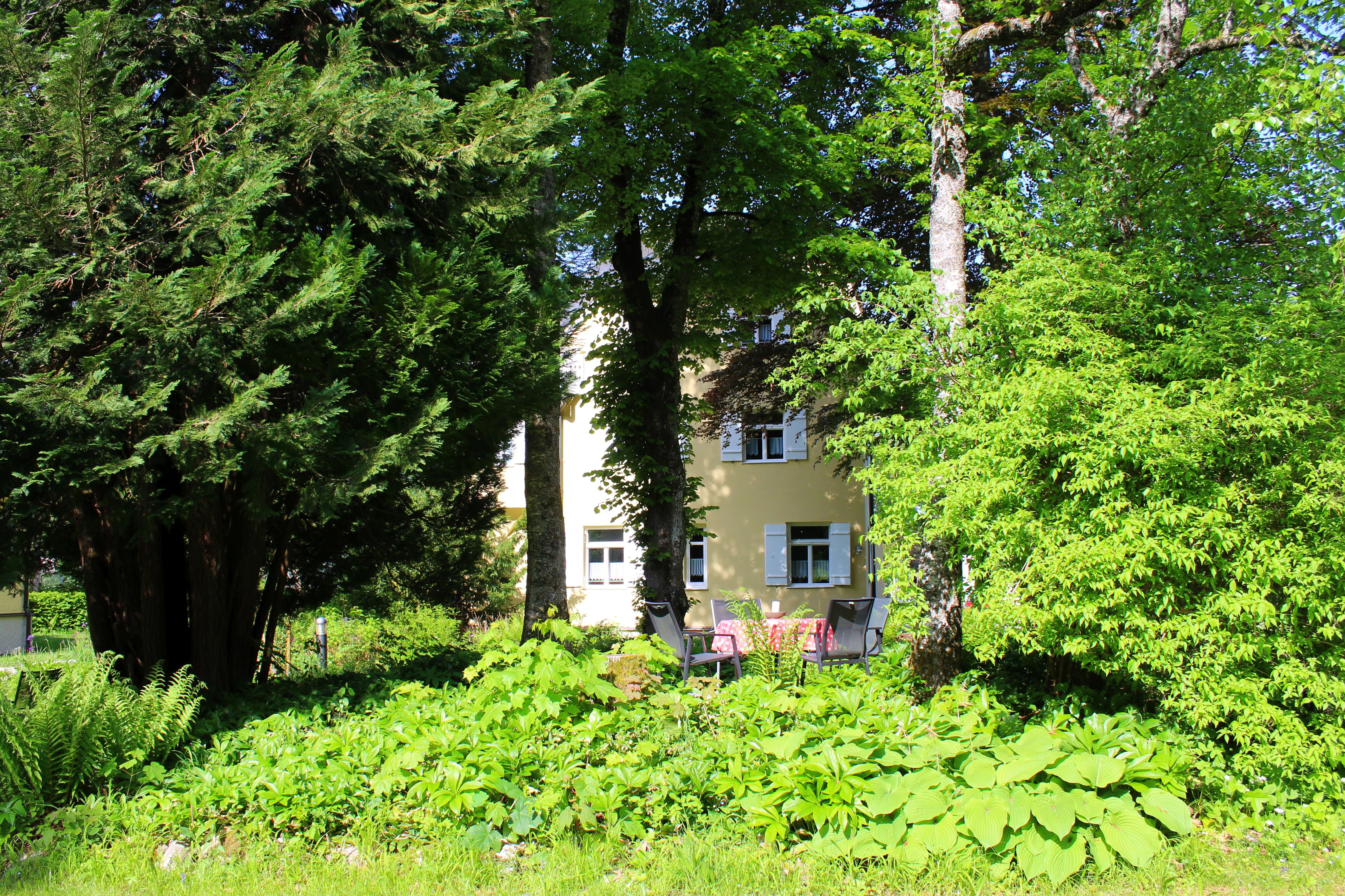 Das Martha-Maria-Hotel Hohenschwangau mit blühenden Büschen und Bäumen.