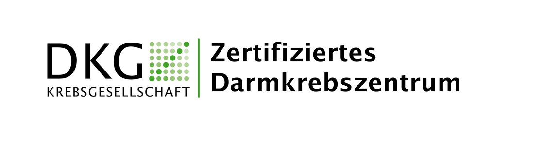 Logo der DKG, zertifiziertes Darmkrebszentrum, grünes Punktmuster neben Schriftzug.