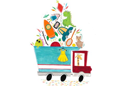 Bunte Illustration eines Spielzeug-LKWs mit Kindersachen, Tieren und Rakete.