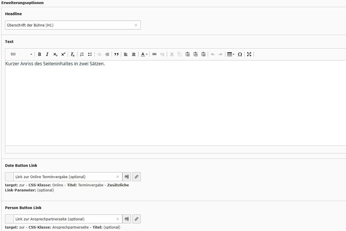 CMS-Oberfläche zur Erstellung von Bühnenseiteninhalten mit Text- und Linkoptionen.
