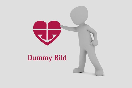 3D-Figur zeigt auf Herzsymbol, Text 'Dummy Bild' unten.