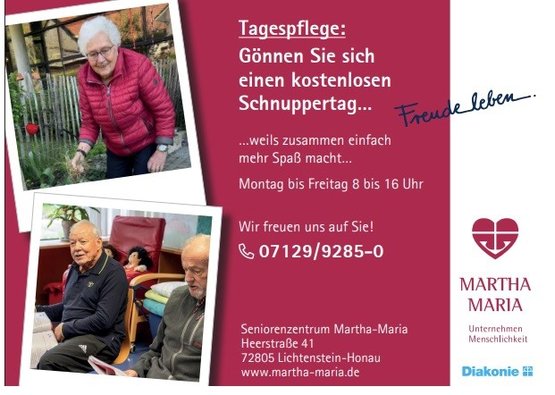 Werbung für kostenlosen Schnuppertag in der Tagespflege mit Seniorenaktivitäten.