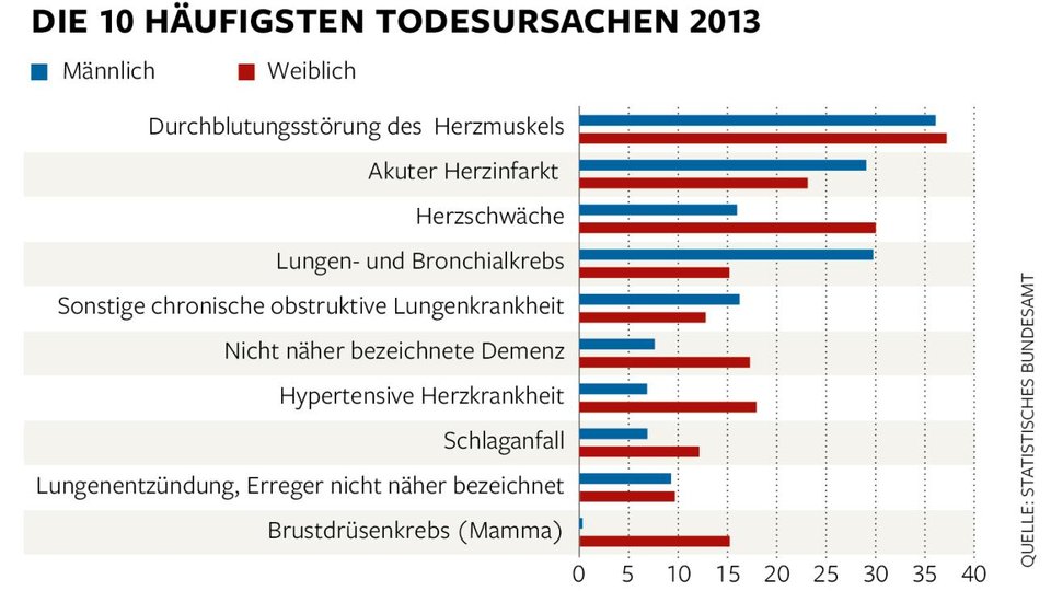 Balkendiagramm zeigt häufigste Todesursachen 2013 nach Geschlecht, inklusive Lungenkrebs.