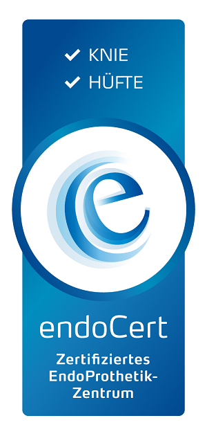 EndoCert-Logo für zertifiziertes EndoProthetikZentrum, Knie und Hüfte hervorgehoben.