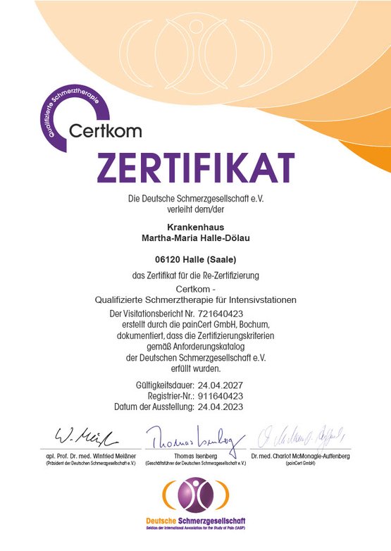 Zertifikat für qualifizierte Schmerztherapie im Krankenhaus Martha-Maria Halle-Dölau.