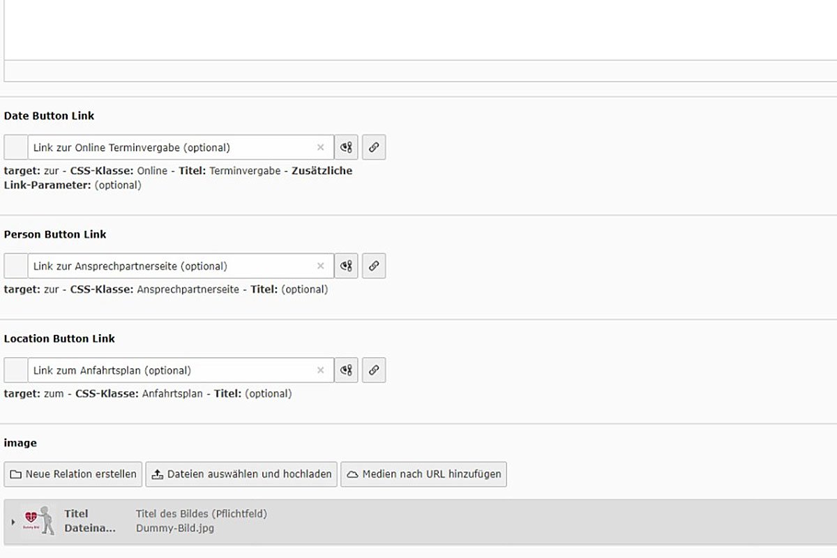 CMS-Oberfläche mit Optionen für Termin-, Kontakt- und Anfahrtslinks.