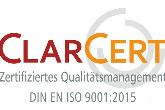 Logo ClarCert für zertifiziertes Qualitätsmanagement nach DIN EN ISO 9001:2015