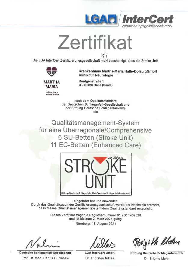 Zertifikat für Qualitätsmanagement-System der Stroke Unit im Krankenhaus Martha-Maria.