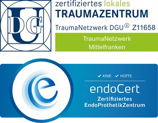 Zertifizierte Logos für TraumaNetzwerk und EndoProthetikZentrum der Klinik.