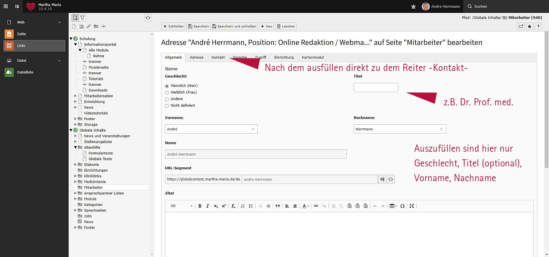 Bearbeitungsmaske für Mitarbeiterdaten im Verwaltungsportal, zeigt Kontakt- und Organisationsfelder.