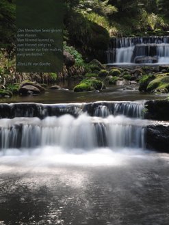 Kaskadierende Wasserfälle im Wald mit Goethe-Zitat über die Seele und Wasser.