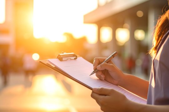 Person schreibt auf Klemmbrett bei Sonnenuntergang im Freien.
